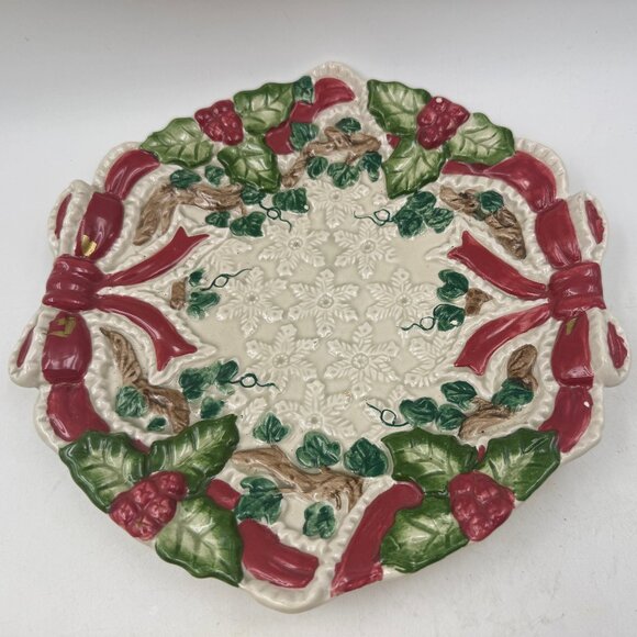 Fitz and Floyd Omnibus Baroque Holiday Plate Christmas 1994 Vintage 12" Red Bows - Picture 1 of 8